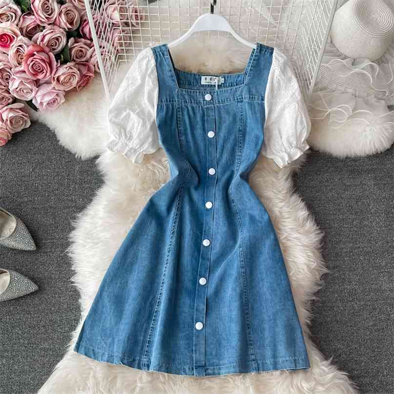 

Korean Fashion Women Denim Dress Embroidered Lace Patchwork Short Sleeve Square Collar High Waist A-line Mini Jeans 210603, Blue