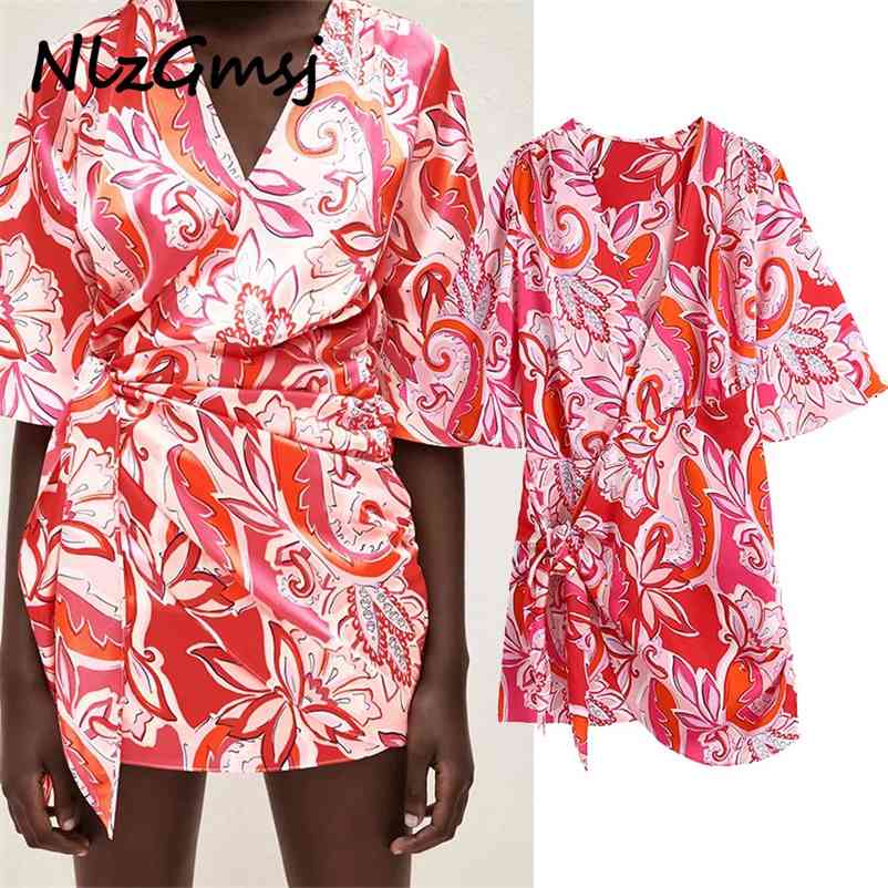 

Summer Dres Print V Neck Woman es Short Sleeve Wrap Mini Vintage Casual Women's es 05 210628, As picture
