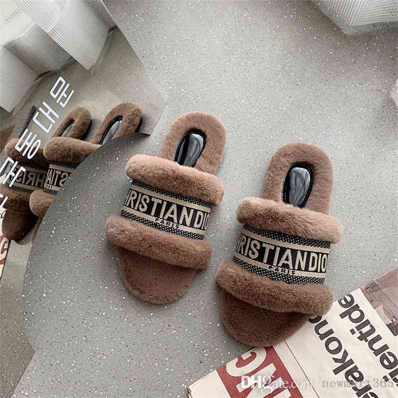 

2021 Fall Winter Designer Women Wool Slippers New Korean Lamb Plush Slipper Letters Wear Slides Flat Bottom Shoes, Black