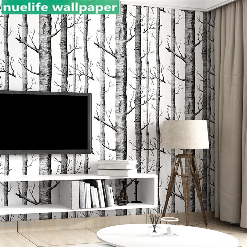 Black&White Birch Tree Non-woven Wallpaper DIY Living Room TV Backdrop Decor