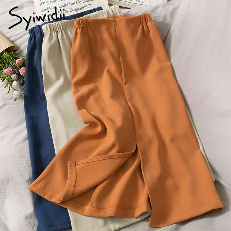 

Vintage Elastic High Waist Skirt Women Mid-Calf Back Slit Casual A-Line Solid Spring Summer Korean Fashion Skirts 210607, Beige