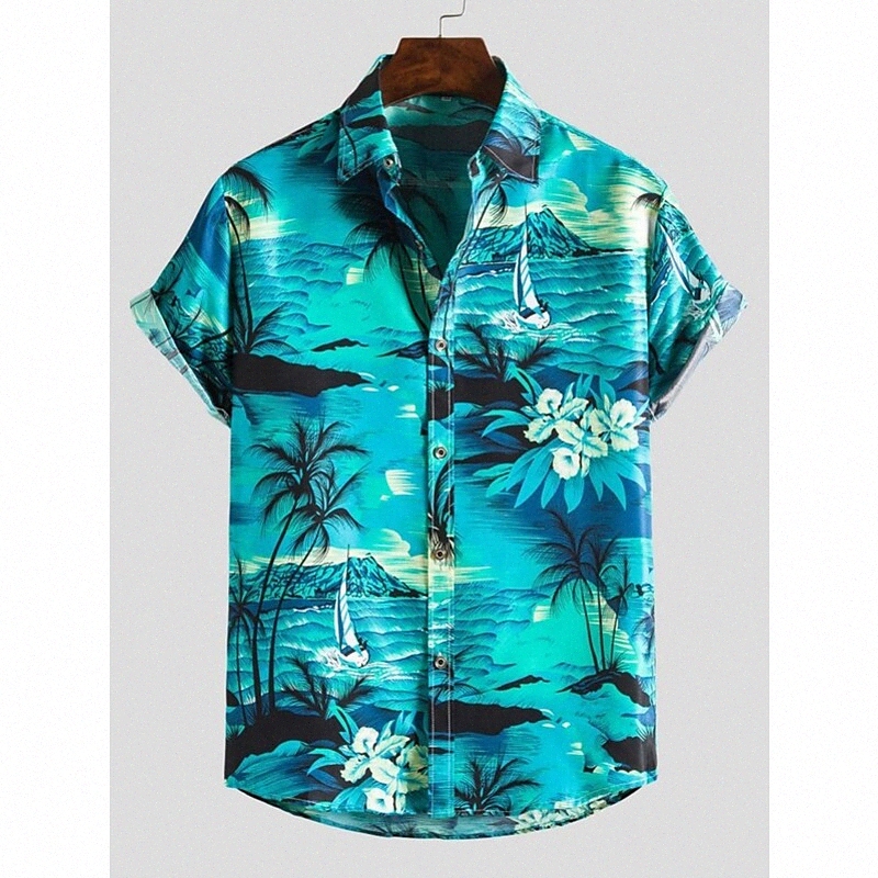 Men's Shirt Other Prints Zebra Collar Button Down Collar Daily Going out collared shirts Print Short Sleeve Slim Tops Beach Boho Blue q2Jg#