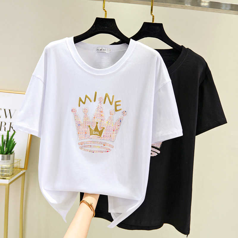 

Plus size Letter Print Korea T shirt Women Summer Short Sleeve Appliques TShirt Tops Casual Diamond white Tee Shirt Femme 210604