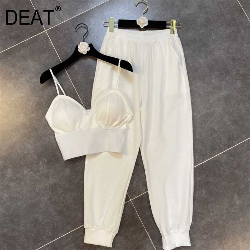 

DEAT Summer Fashion Casual Stapless Hollow Out Sexy Vest High Waist Long Pants Two Piece Set Women Outfits SD020 211109, Black