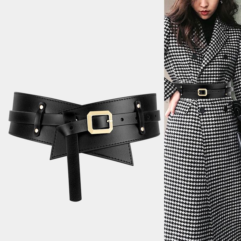 

Belts Est Wide Slim Corset Knotted Belt Luxury Faux Leather Waistbands Skirt Gold Metal Pin Buckle Waist Strap Girl Party Sweater, Black;brown