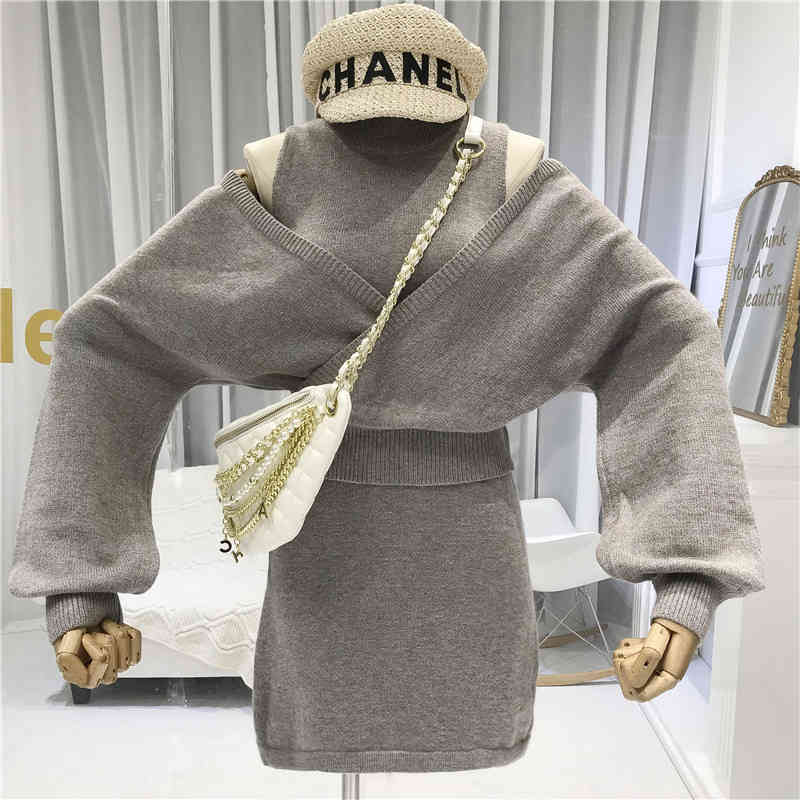 

Autumn and winter French retro sexy suit small fragrance Knit off-the-shoulder sweater dress two-piece bag hip 210525, Gray