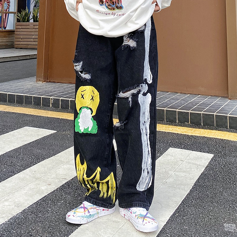 

2021 New Retro Graffiti Skull Smiley Print Jeans Men and Women High Street Hole Loose Denim Trousers Washed Straight Casual Pants Tccv, Black