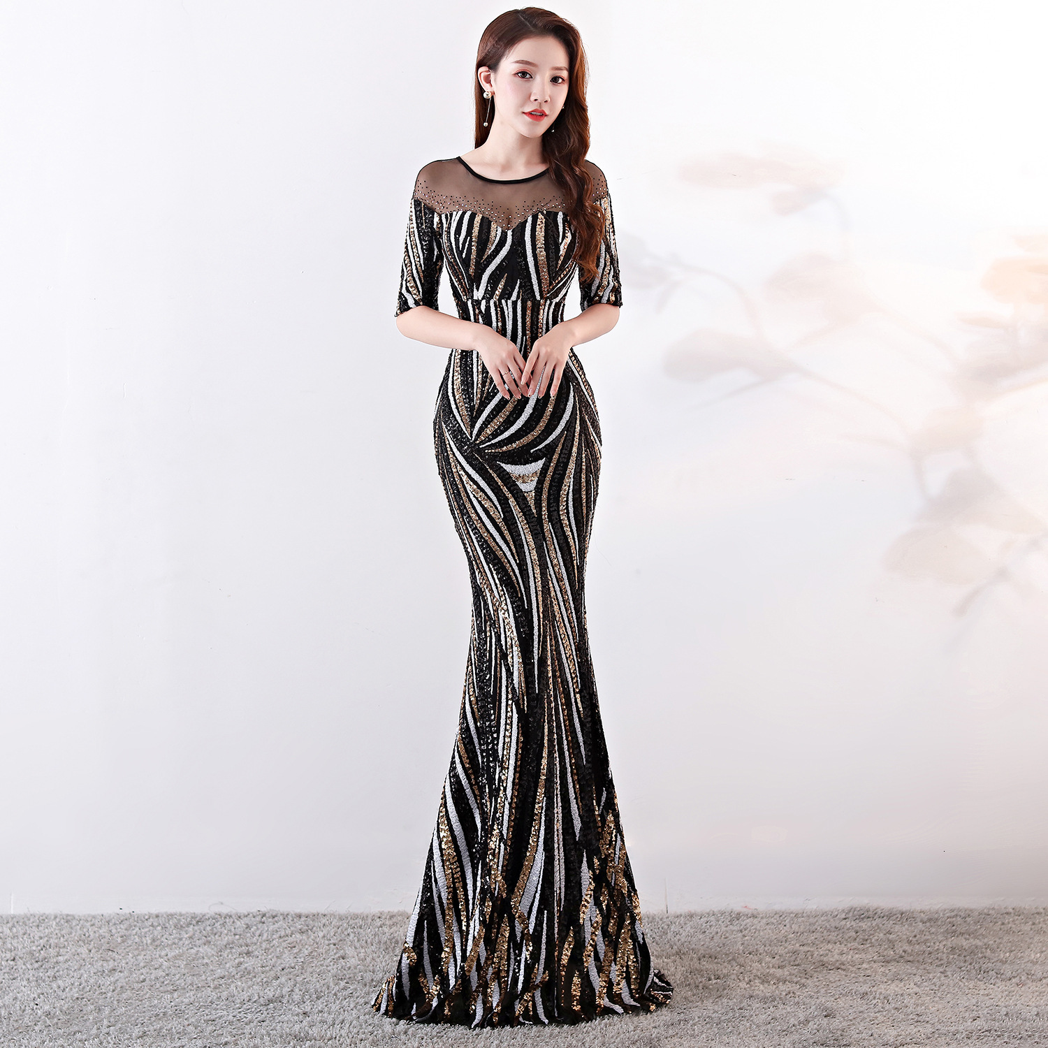 

Women Sexy Backless Sequin Dinner Host Dresses Female Wedding Party Maxi Dress Elegant Fishtail Formal Banquet Gowns G0vd, Champagne
