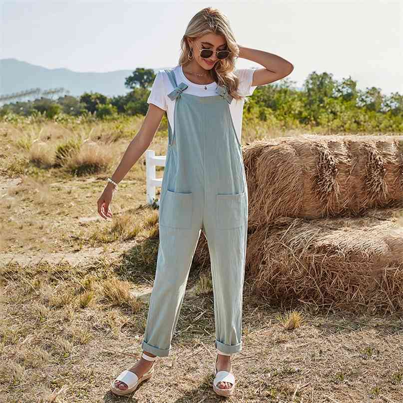 

Spring Summer Solid Color Pocket Patchwork Bowknot Straight Pants Workers Outfit High Waist Loose Casual Women's Jumpsuit 210603, Army green