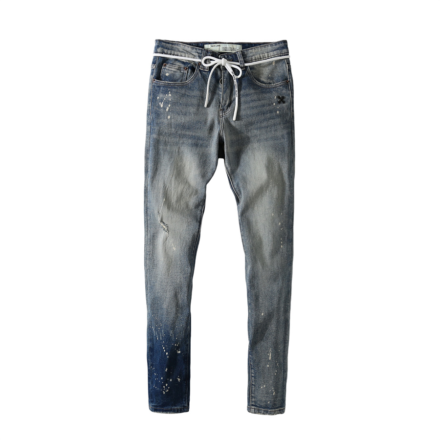 

Summer Mens Ripped Cropped Jeans High Street Skinny Pants Casual Distressed Drawstring Slim Trousers Denim Hip Hop Pants, Light blue