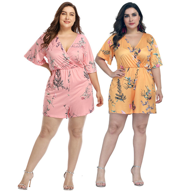 2021 New 068 Plus Big Size Female Summer Short Pants Playsuit l xl xxl 3xl 4xl Print v Neck Fat Jumpsuit Office Lady Street Wear One Set Bp1-image-660972989