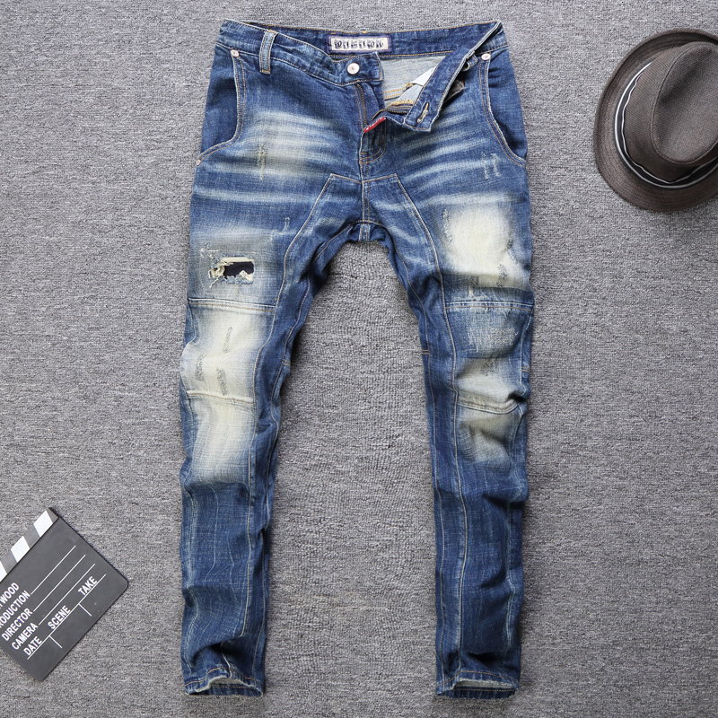 

2021 New Fashion Streetwear High Quality Slim Fit Elastic Ripped Men Spliced Designer Biker Pants Hip Hop Jeans Homme 32us, Retro blue