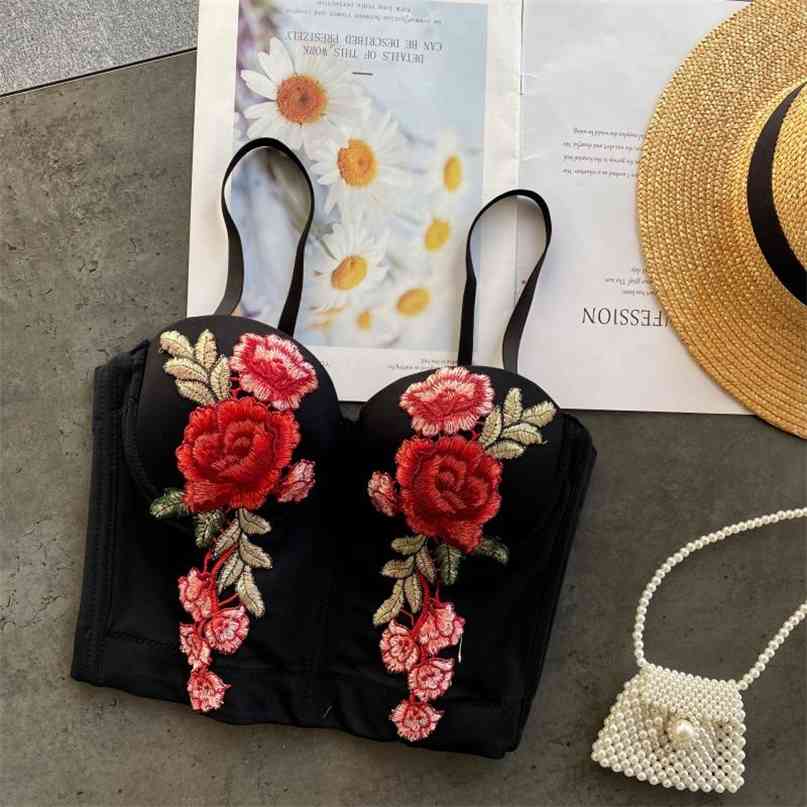 

Chic Women Flowers Embroidery Tank Top Adjustable Spaghetti Strap Sleeveless Push up Camisole Club Party Tops 210603, White