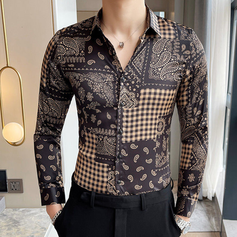 

Paisley Designer Masculino Shirts 2021 Spring New Fashion Black Gold Baroque Flower Men's Long Sleeve Shirt Iuac, Color