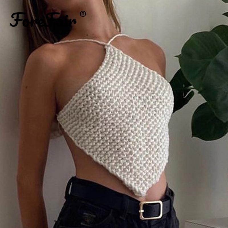 

Forefair Off Shoulder Knitted Women Crop Top Sexy Halter Streetwear Black Strappy 2021 Fashion Skinny Backless Y2K Female Tops