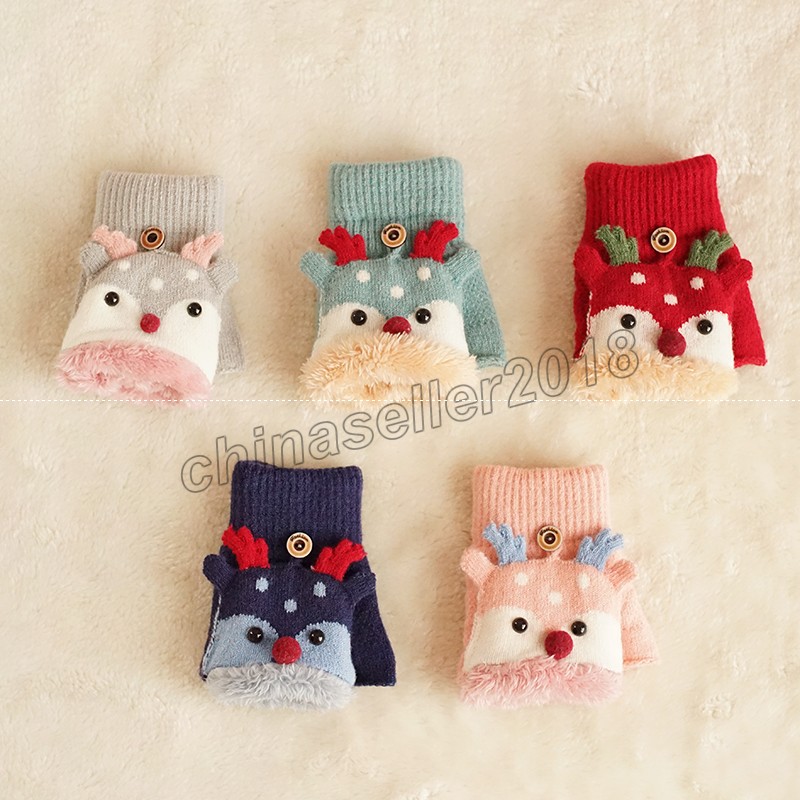 

Christmas Children Gloves Winter Girl Boy Cute Cartoon Elk Flip Half-Finger Mittens Thick Warm Plush Kids Fingerless Gloves 1-8Y