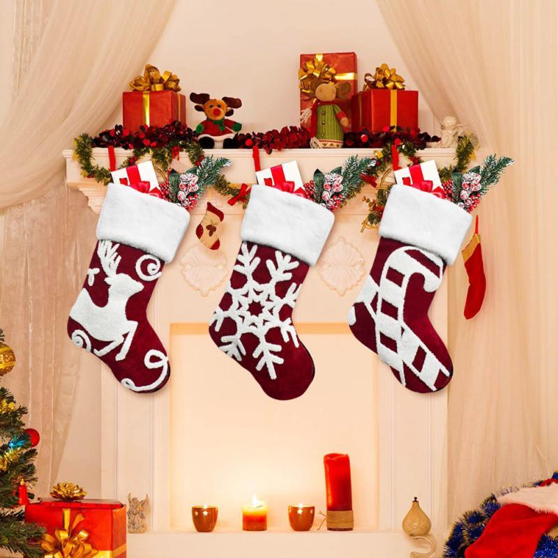 

Christmas Decorations Stockings Socks Snowflake Elk Bear Printing Xmas Candy Gift Bag Fireplace Tree Year 2022 Decoration