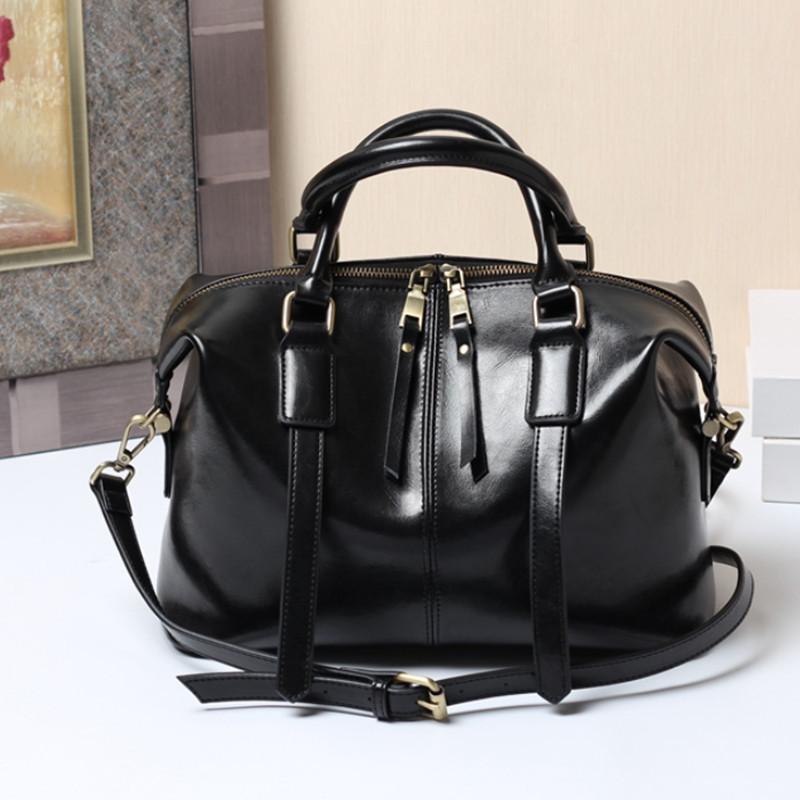 

Retro Portable Oil Wax Leather Handbags Women Bags Boston Bag Trendy Ladies Leather Shoulder Messenger Bag, Pink