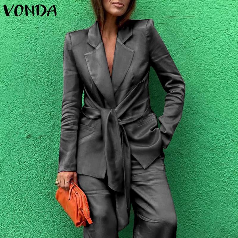 

Women' Suits & Blazers Autumn Coats With Pockets 2021 VONDA Women Casual Long Sleeve Pleated Suit Blazer Ladies Outerwear Stylish Tie Up, Black