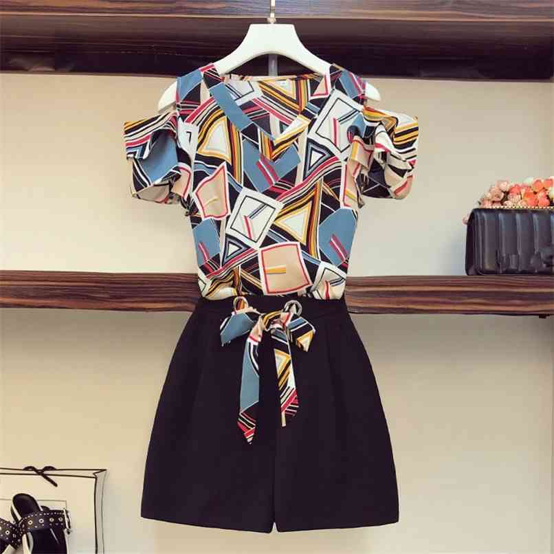 

Fashion Temperament OL Suit Summer Korean Loose Chiffon Printing Shirt Blouse and Ribbons Tie up High waist Shorts Two piece Set 210602, Black