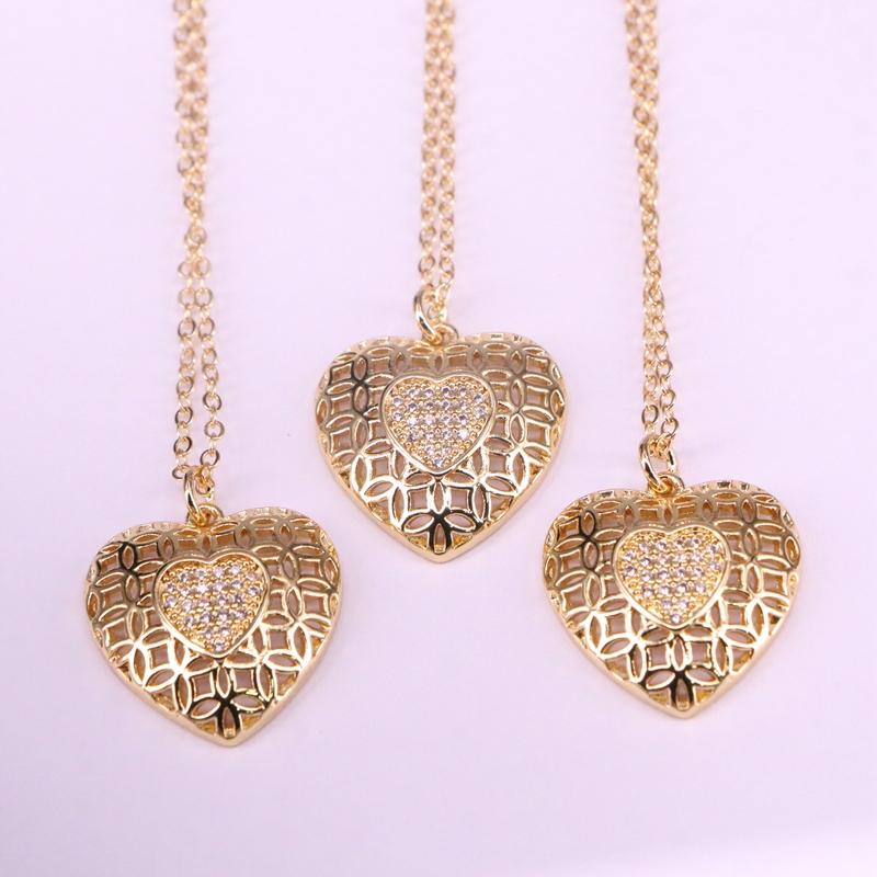 Pendant Necklaces 10PCS, 21*21MM, Gold Color Cubic Zirconia Heart Necklace Clear CZ Charm Micro Pave Statement Jewelry-image-708525834