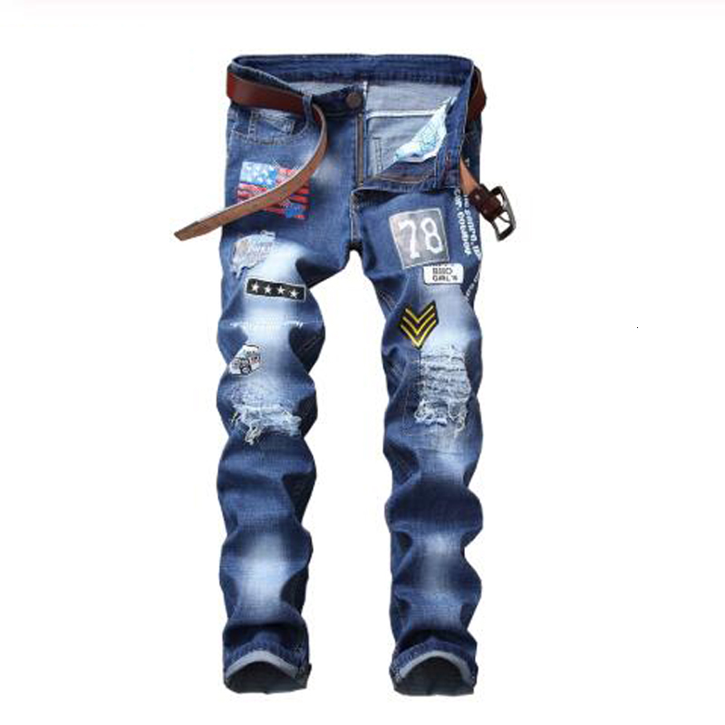 

2021 New Men's Male American Flag Patches Design Blue Denim Jeans Holes Ripped Distressed Slim Straight Pants Trousers Vygo