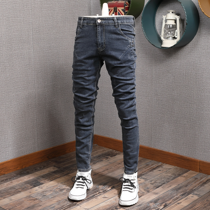 

2021 New Newly Designer Fashion Men Jeans Retro Blue Gray Slim Fit Elastic Casual Denim Pencil Pants Korean Style Streetwear Trousers 4pwl