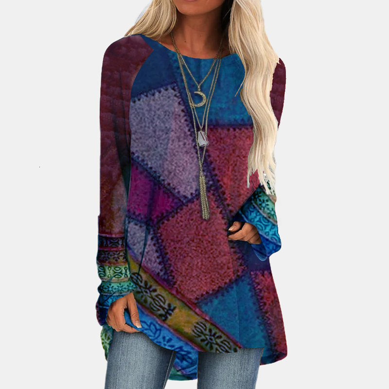 

2021 New Fashion Women T-shirt Striped Loose Geometric Pattern Printing Long-sleeved Tops Ladies Round Neck Pullover Graphic Tee J2ra, 04
