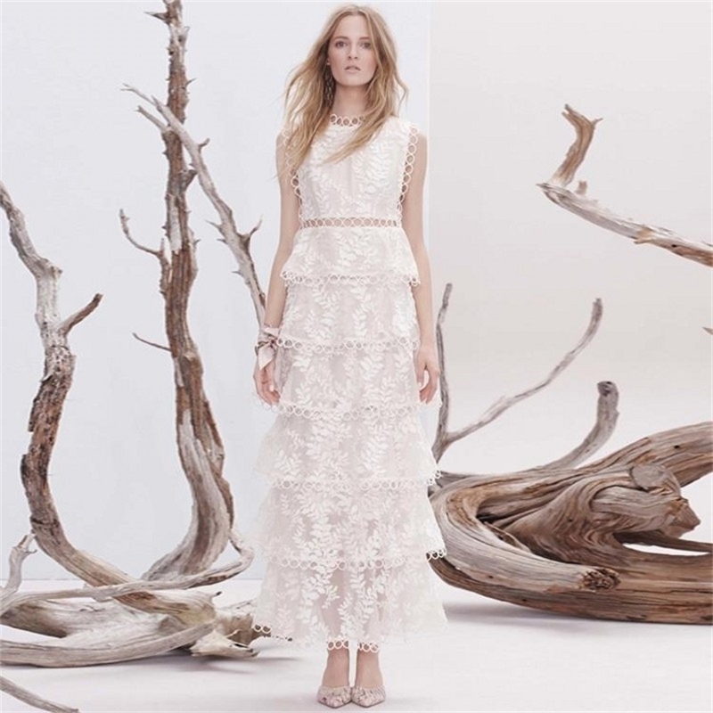 

Runway self portrait dress Hollow Out Lace Sleeveless Cake Dress Women Sexy Deep O-Neck Party dresses Vestido robe 210603, Picture color