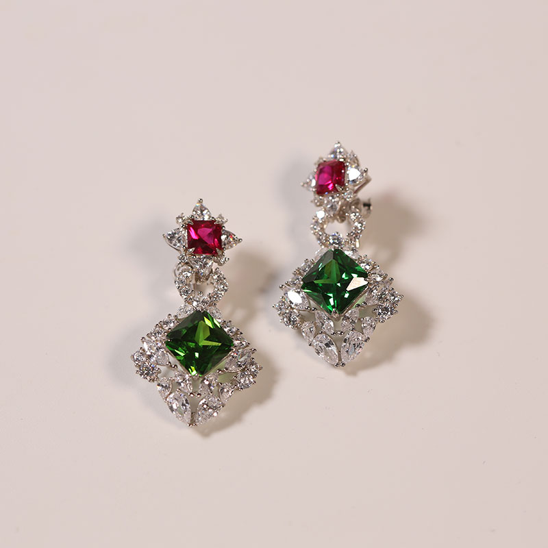 

Double gem earrings Elegant Stud Earrings for Women red gemstone earring diamond Emerald