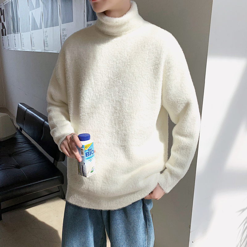 

2021 New Winter Turtleneck Sweater Warmth Fashion Solid Color Casual Knitted Pullover Men Loose Plush Knitting Sweaters Mens Clothes Re9d, Black