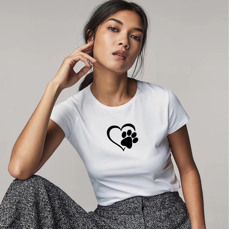 

2021 New Printing Chart of the Dog's Paw Ulzzang Harajuku Retro Sleeve Short Korean Fashion Slim Collegiate Tops Summer Tee Shirt 9cs0, White