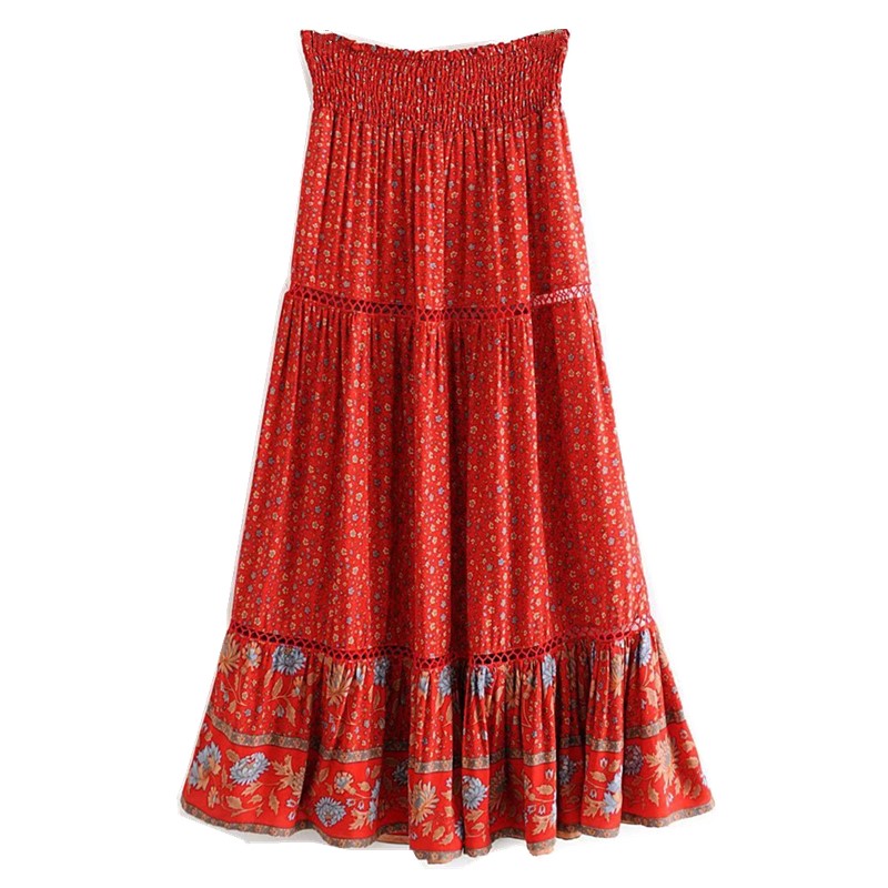 

2021 New Bohemian Spliced Hollow Out Hole Lace Floral Midi Long Skirt Red Holiday Women Elastic High Waist Swing Skirts Beach