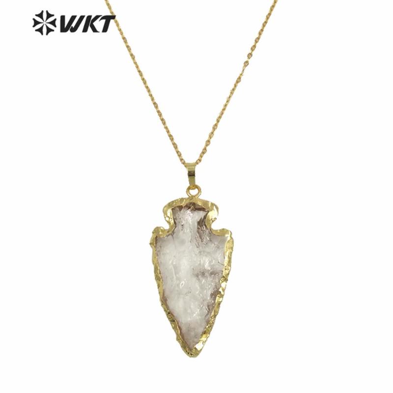 

Pendant Necklaces WT-N791 Exclusive 2" Big Stone Necklace Natural Arrowhead With 24k Gold Strim Jewelry