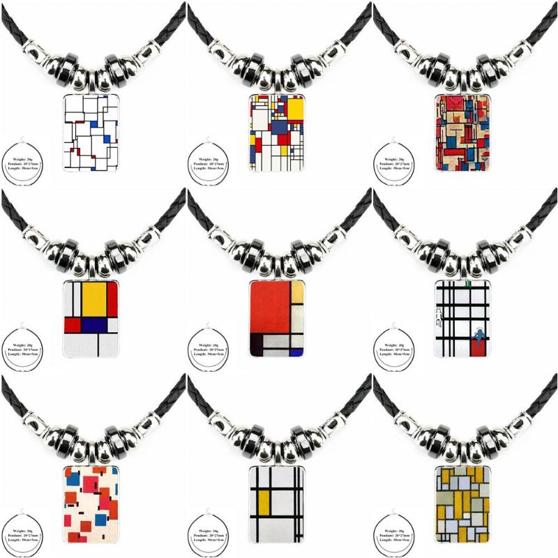 

Pendant Necklaces For Lovers Girl Friend Gift Jewelry Black Leather Bead Glass Cabochon Choker Long Necklace Mondrian