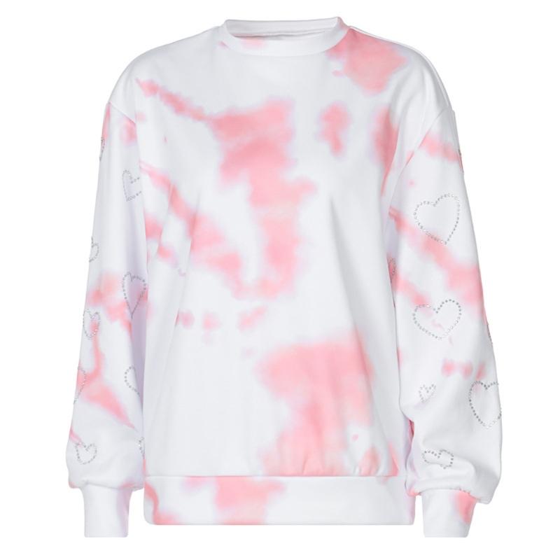 

Women's Hoodies & Sweatshirts Women Autumn Long Sleeve O-Neck Sweatshirt Pink Tie-Dye Printed Rhinestone Heart Pullover Tunic Tops Harajuku, As pic
