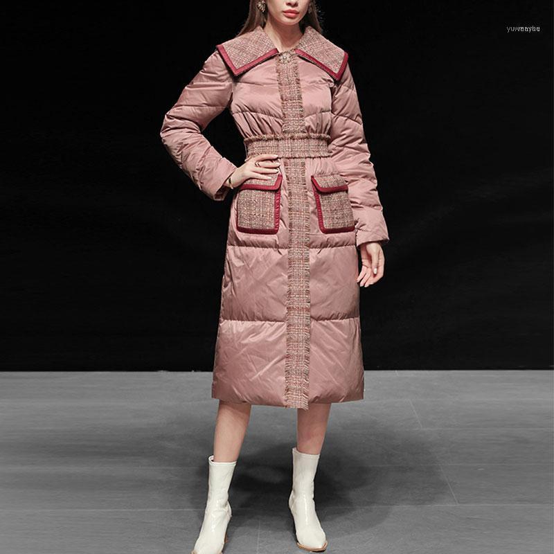 

Thick Winter Jacket Fashion Tweed Stitching Down Coat Women Lapel Warm Outerwear Quality White Duck Jackets Female Parka1, Pink