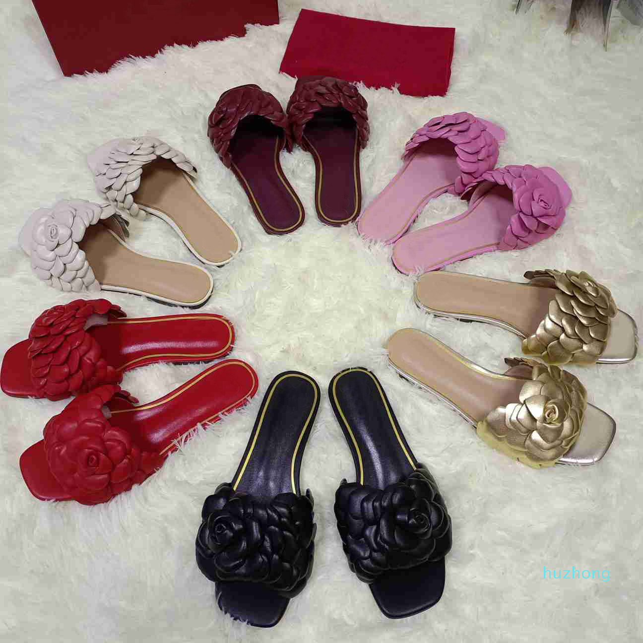 

2021 New women slippers fashion Genuine leather flower petals Slipper Flip Flops Sandals Women Casual Flat Slides with box large size35-45, Pink