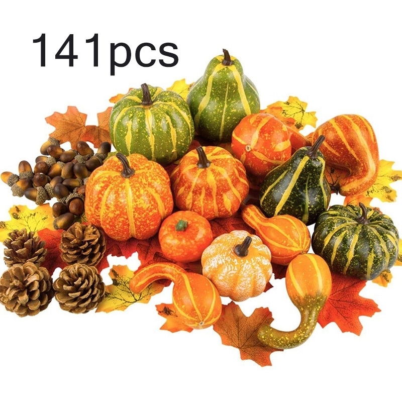 

141Pcs Artificial Pumpkins Acorn Berries Maple Leaf Pinecone Decor Set DIY Craft Fake Vegetable Simulation Halloween Y201015