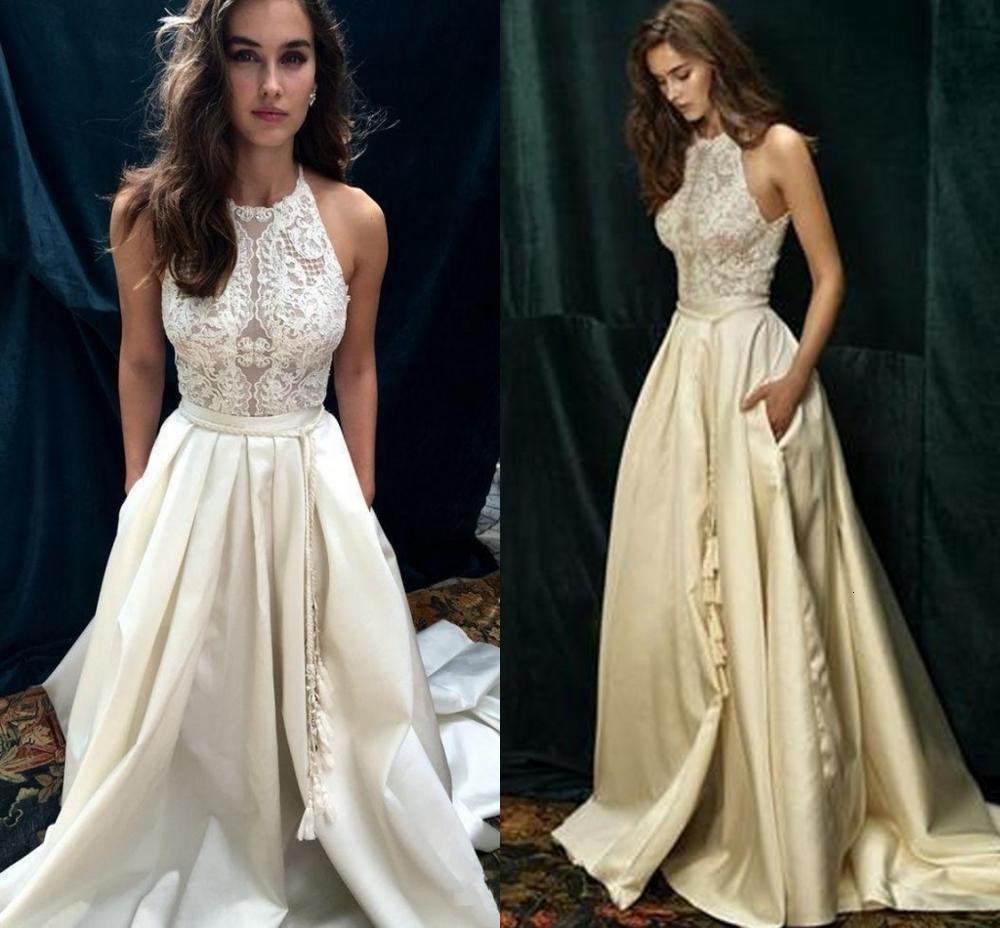 

2021 New Ivory Lace Boho Wedding Es with Pocket Elegant Jewel Back Zipper a Line Beach Bridal Gowns Custom Made Vestidos Sefv