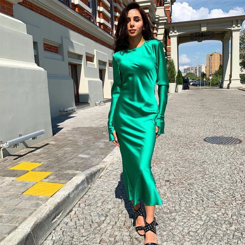 

2021 New Women Satin Solid Color Midi a Line O-neck Ruffles Party Sexy Streetwear Elegant Hole Long Sleeve Vintage Br1a, White