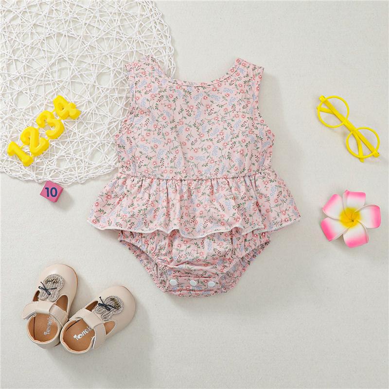 

Rompers Baby Romper Borns Girl Clothes Sweet Sleeveless Pink Skirt Jumpsuit Fresh Floral Printed Hem Triangle Playsuit Ropa, As pic