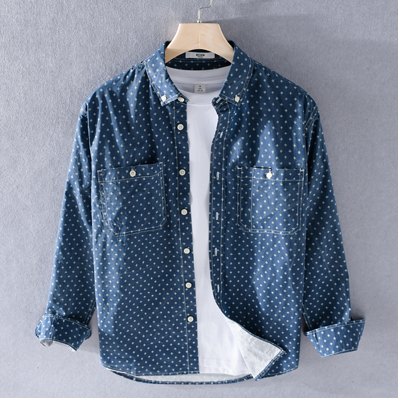 

2021 New 100% Algodo De Manga Comprida Marca Casual Masculina Moda Confortvel Camisas Para Homens Primavera Impresso Camisa Camsia Chemise T, Blue