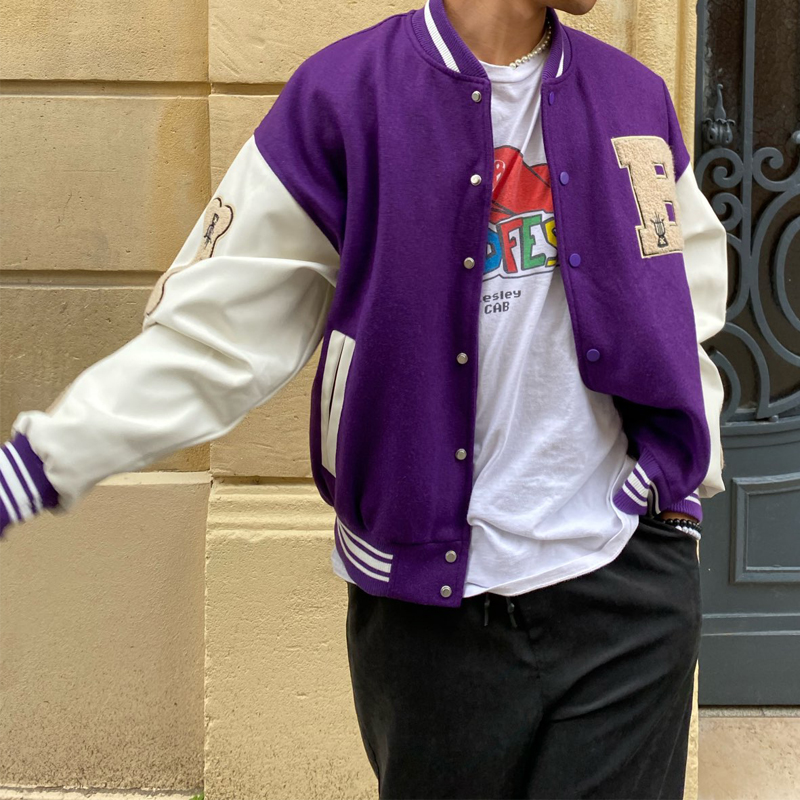 

Varsity Baseball Bomber Jacket Women Hip Hop Harajuku Bone Letter Patchwork Leather Jackets Streetwear Men Unisex College Coats, Purple