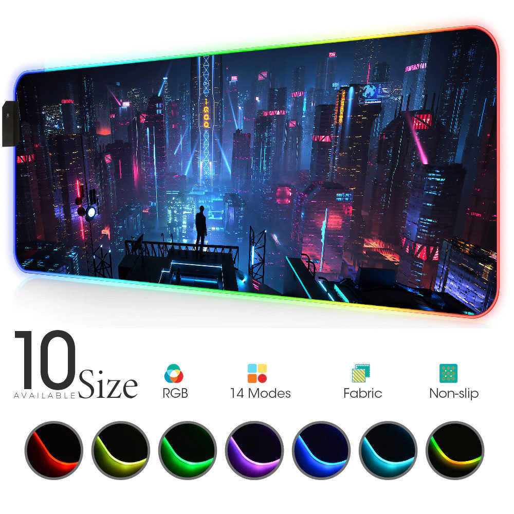 

City night view RGB Mouse Pad Black Neon lights Gamer Accessories LED MousePad Large PC Desk Play Mat with Backlit gaming desk Y0713