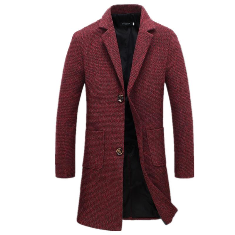 

Men's Trench Coats 2021 Winter High Quality Business Casual Slim Fits Long Coat / Men Turn-down Collar Single Breasted Woolen Cloth, Red