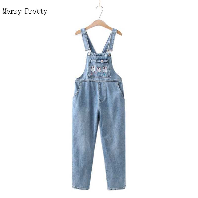 

Harakuju Cartoon Rabbit Embroidery Denim Overalls Trousers for Women Summer Straight Pocket Sweet Style Cute Jumpsuits Pant 210526, Blue