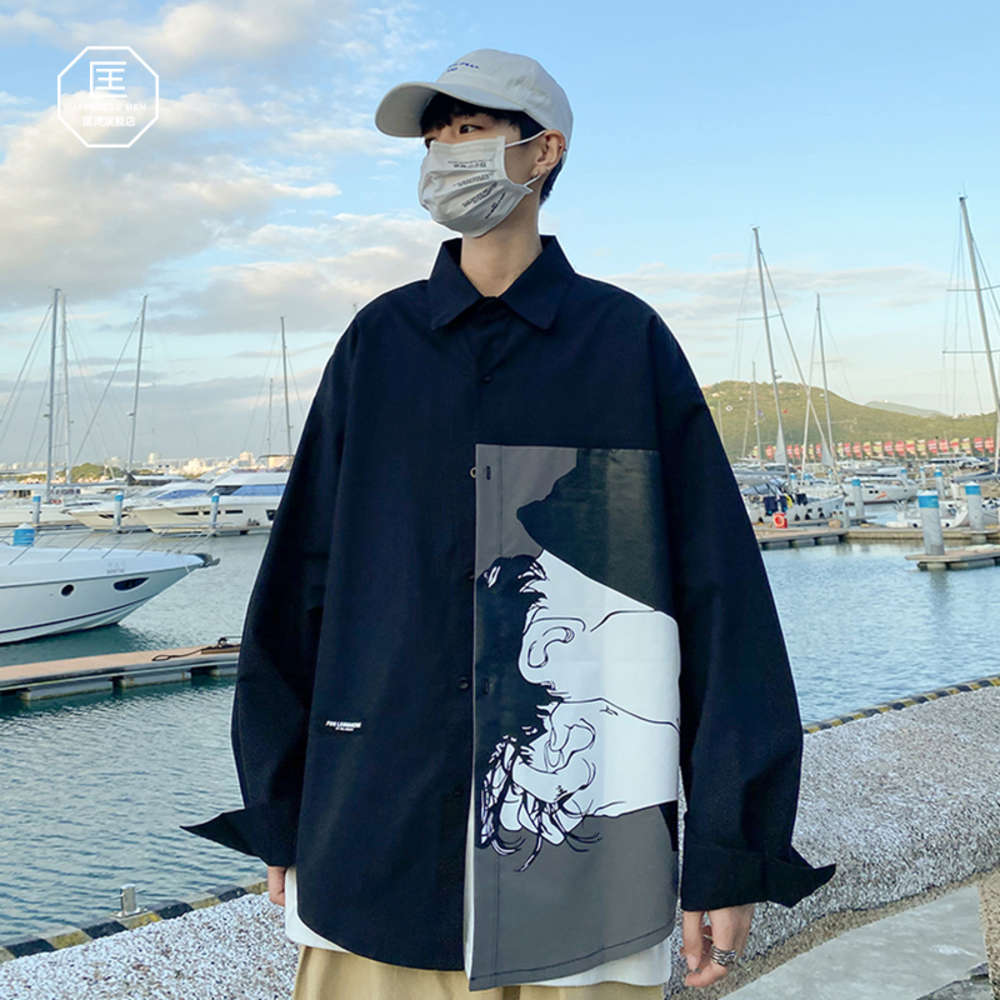 

shirt Spring character Print Long Sleeve Men's brand big size loose Korean fashion ruffian handsome MOKD, White;black
