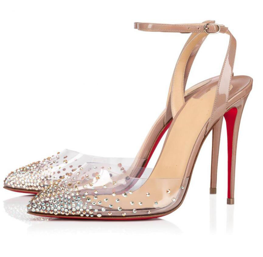 

Elegant Spikaqueen Sandals Sexy Pointed Toe Women's Red Bottom Pumps Evening Party Wedding Ankle Strap PVC Strass Lady High Heels EU35-43, Black