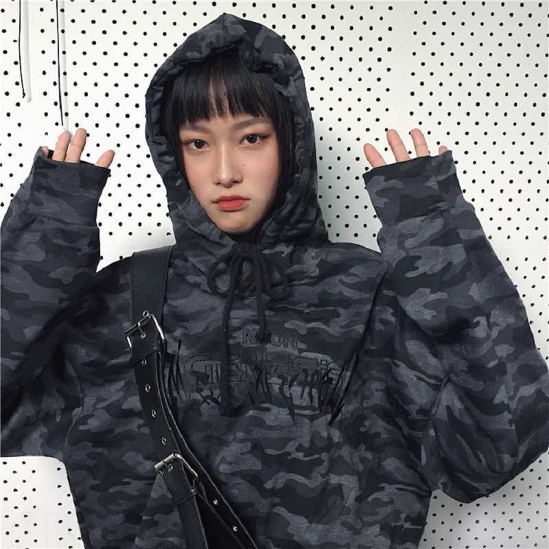 

Harajuku winter ulzzang street fashion camouflage Hip hop letter Large size embroidery loose casual female hooded Sweatshirt 210608, Gray